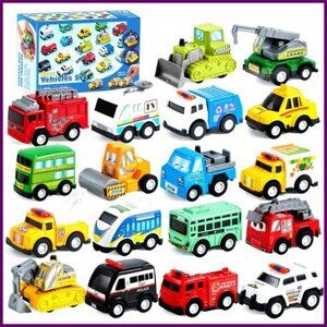 18-Piece Pull Back Vehicle Set, Friction Powered Cars for Toddlers, Educational